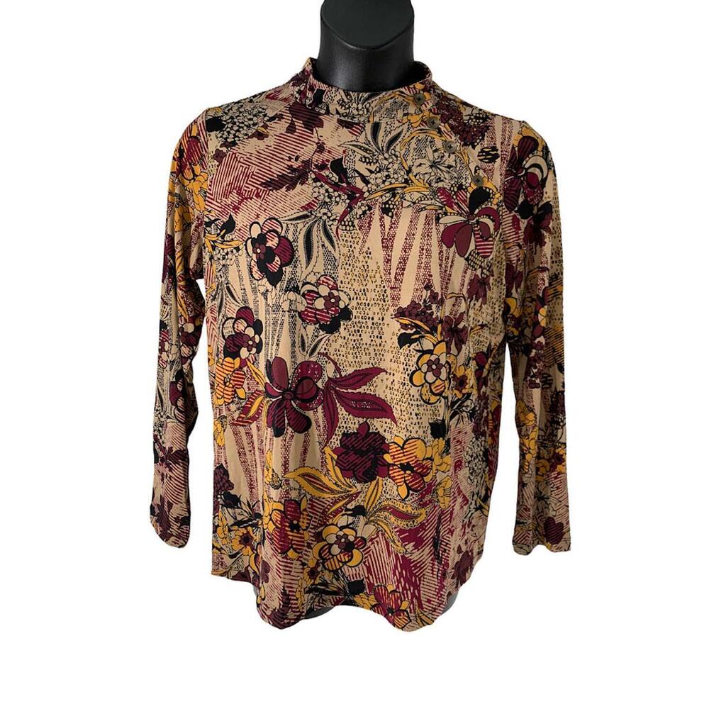 Susan Graver Printed Liquid Knit Mock Neck Top With Button Rich Wine - Regular